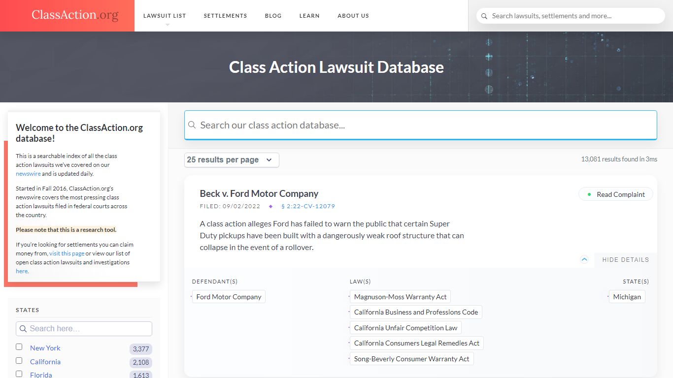 Class Action Lawsuit Database | Free Research Tool | ClassAction.org